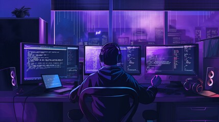 A programmer working late at night in a dark room with multiple monitors, illuminated by blue and purple light reflecting on windows.