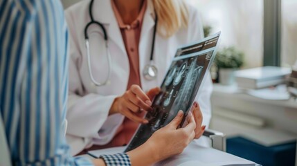 A doctor is showing a patient a medical image of a broken bone