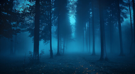 Obraz premium A forest at night with trees whose trunks can be seen and fog, all in a dark blue. Generative AI.