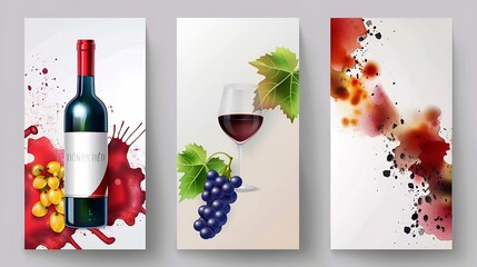 Collection of templates with wine designs Illustration with background wine stains glass bottle grapes Brochure poster invitation card promotion banner menu list cover Vector : Generative AI
