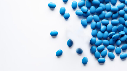 Fototapeta premium Blue pills, capsules and vitamins on a white background.