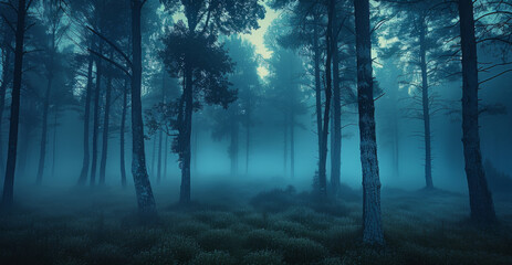 A forest at night with trees whose trunks can be seen and fog, all in a dark blue. Generative AI.