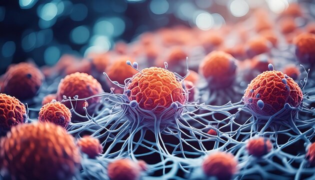 Cancer cells observed under a microscope Scientific image cancer medicine chemistry and biology With copyspace for text