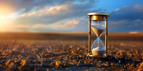 Symbolism of an hourglass in a desolate field conveys the significance of time and urgency. Concept Time Symbolism, Hourglass Meaning, Desolate Field Photography, Urgency in Art