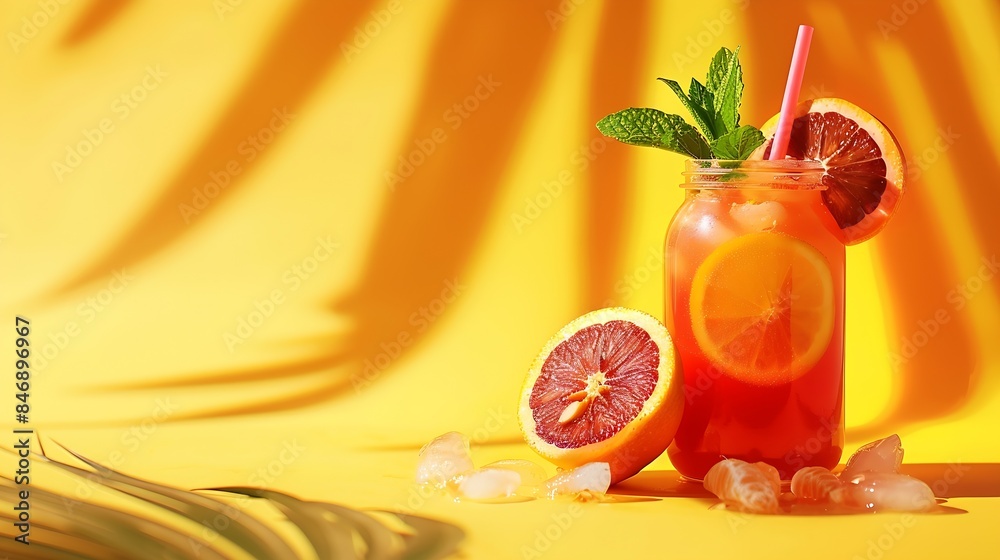 Aufkleber freshly squeezed blood orange juice with ice mint and a slice of fruit in a jar on a yellow backgrou
