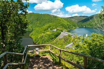 Blick vom Aussichtspunkt auf die Urfttalsperre mit Obersee vom Rursee und Urft im Nationalpark Eifel im Sommer	