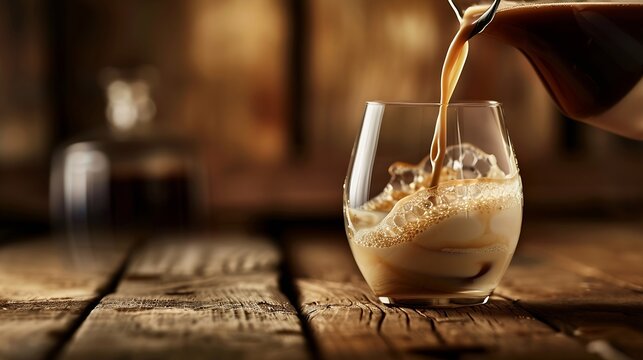 Pouring coffee cream liqueur into glass at wooden table closeup : Generative AI