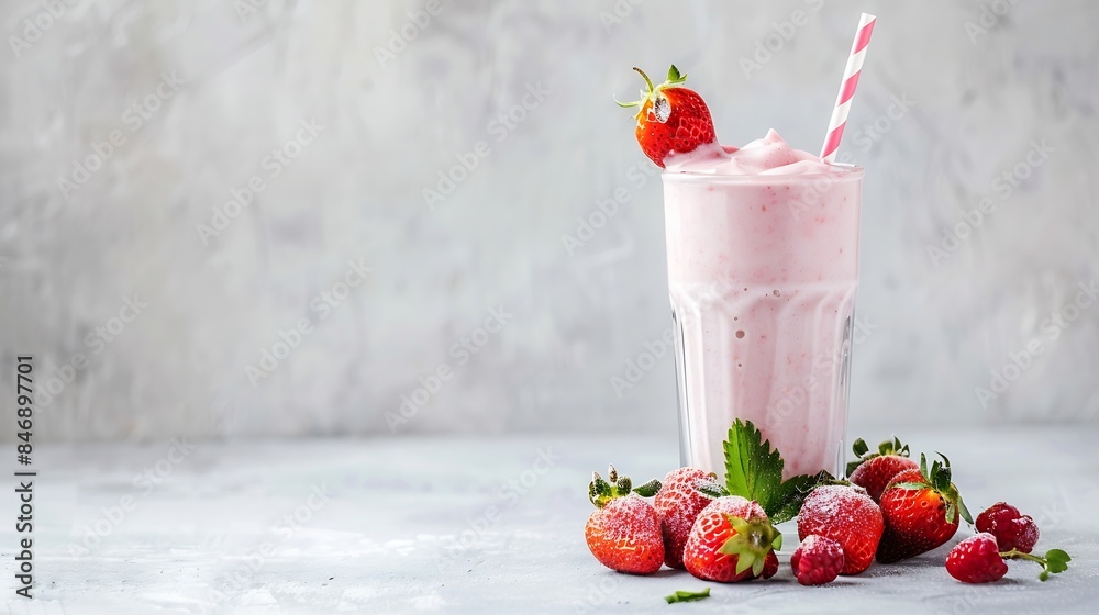 Poster a glass of strawberry milkshake or smoothie with strawberries on a light background with fresh berri