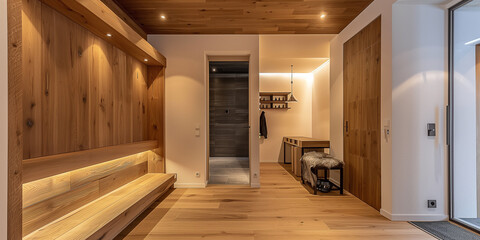 Fototapeta premium Stilvolles, modernes Interieur im Eingangsbereich aus Holz mit gemütlichem Holzton, zeitgenössisches Zuhause, Garderobe im Flur
