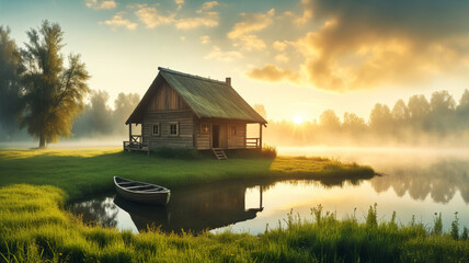 Fototapeta premium an old wooden house stands on the shore of a lake at sunset