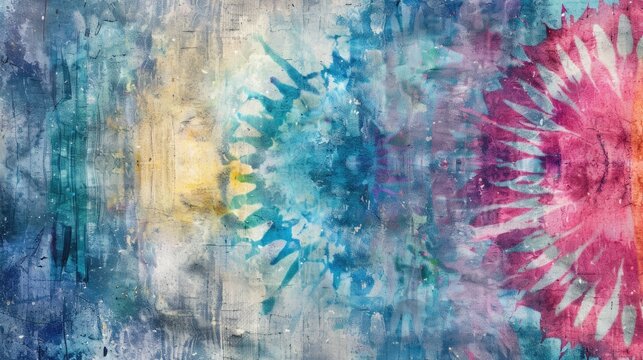 Colorful Tie Dye Artwork with Blue and Light Accents Gray Shadows Watercolor Scarf Design Textured Grunge Aztec Inspired Style