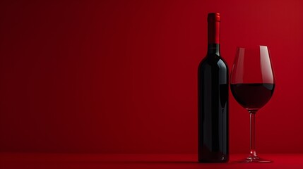 Bottle and glass of red wine on a red background Copy space : Generative AI