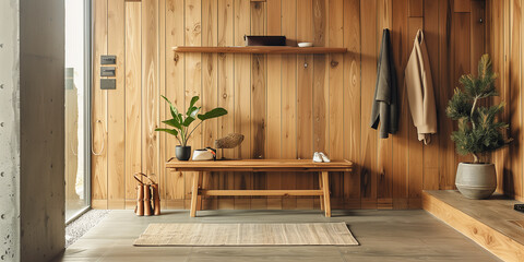 Stilvolles, modernes Interieur im Eingangsbereich aus Holz mit gemütlichem Holzton, zeitgenössisches Zuhause, Garderobe im Flur