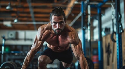 Fototapeta premium A muscular man with a beard and a bun prepares to lift weights in a gym. He is wearing black shorts and has a focused expression on his face.
