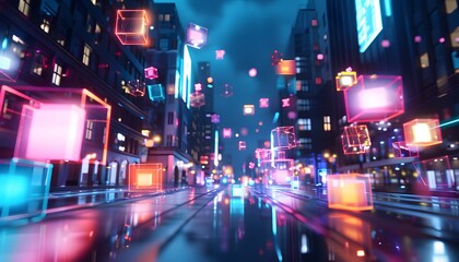3d rendering of neon glowing cubes floating in the air over futuristic city street at night