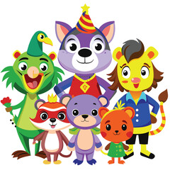 A cheerful group of cartoon animal characters smile and stand together. Generative AI