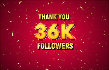 Golden 36K isolated on red background with golden confetti, Thank you followers peoples, 36K online social group,37K
