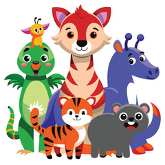 Fototapeta premium A group of five cartoon animals, including a bird, a dragon, a cat, a tiger, and a bear, are standing together on a white background. They are all smiling and looking happy. Generative AI