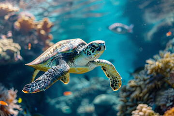 Obraz premium Underwater shot of a turtle gracefully swimming in the blue ocean, surrounded by vibrant tropical corals and fish, showcasing the beauty and diversity of marine life