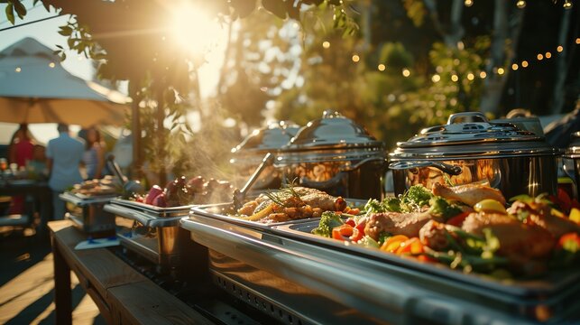 Outdoor buffet setup with variety of gourmet dishes in stainless steel trays, illuminated by sunset light. Fresh vegetables, meats and appetizers. Perfect for weddings, receptions and special events