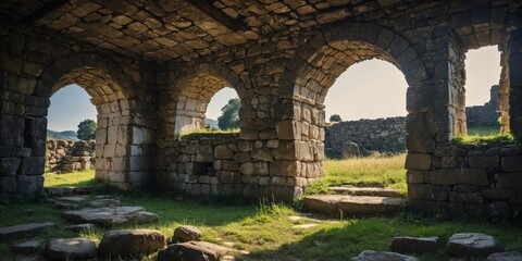 Fototapeta premium Centuries-old stone arches surrounded by green grass in a heritage archaeological site