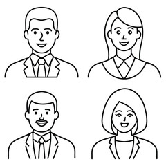Fototapeta premium This image shows four black and white line art icons depicting smiling businessmen and businesswomen in formal attire. Generative AI