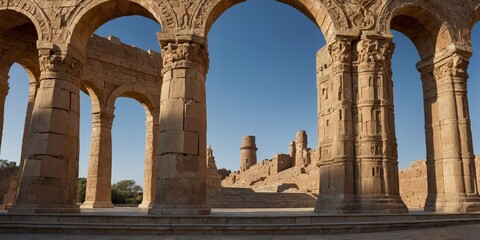 Obraz premium The striking ruins of an ancient structure with ornamental arches under a clear blue sky