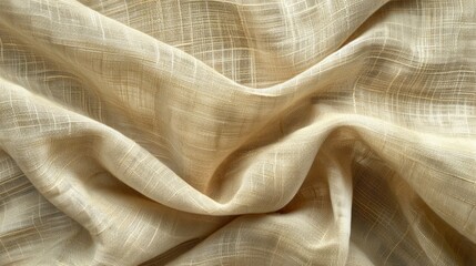 Close-up of beige fabric with a soft, crumpled texture, ideal for textile backgrounds or design mockups.
