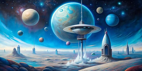 Art space illusion blue background of planets and spaceships generated by AI