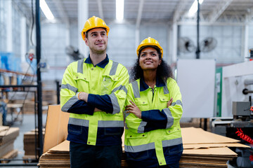 Male and female engineers in neat work clothes prepare and control the production system of large modern machines in a factory producing industrial technology products.