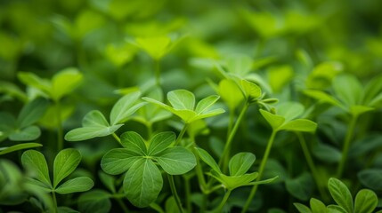 Close-up of fresh green clover leaves in a field, symbolizing luck and nature's purity, suitable for backgrounds and environmental themes.