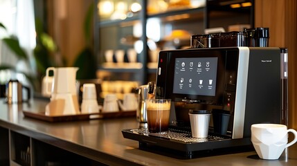 Coffee machine with touchscreen display on a table making coffee : Generative AI