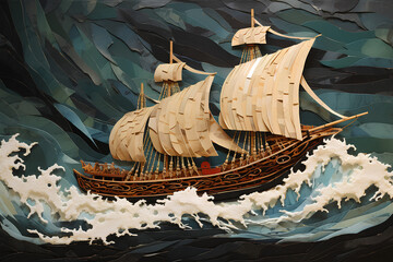 Paper collage artistic image of ancient phoenician bireme ship in stormy ocean