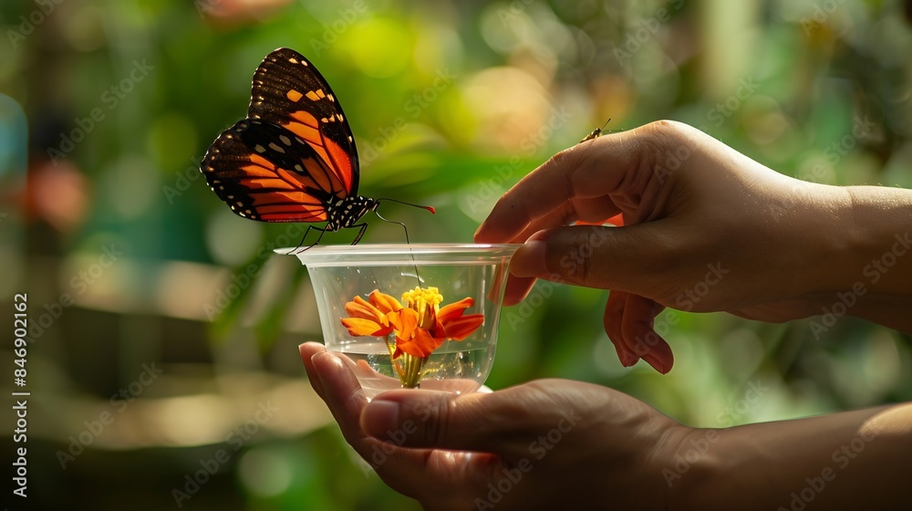 Wall mural Butterfly drinking nectar in a zoo : Generative AI