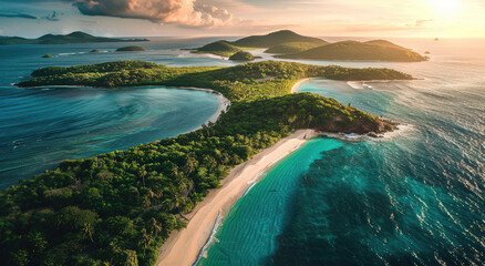 An aerial view of the pristine island, showcasing its white sandy beaches and turquoise waters.