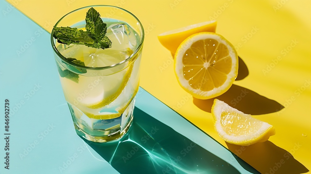 Poster A  cold lemonade in a glass with lemon mint and ice on a yellow and blue background with shadow The concept of a refreshing and healthy drink : Generative AI