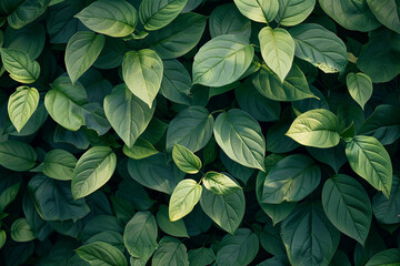 Abstract background featuring a dense pattern of vibrant green leaves, suitable for nature-inspired designs, wallpapers, or textured backgrounds