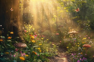 enchanting forest clearing with sunbeams filtering through dense canopy wildflowers mushrooms and fairy dust particles mystical fantasy digital painting