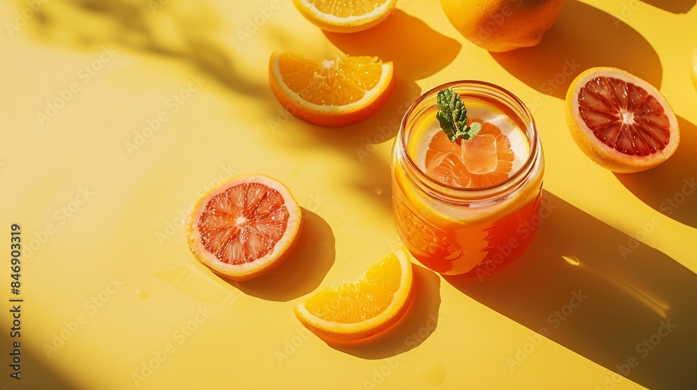 Aufkleber freshly squeezed blood orange juice with ice mint and a slice of fruit in a jar on a yellow backgrou