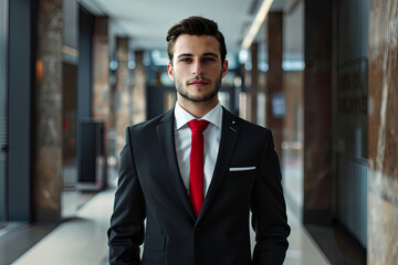 Portrait of a confident and successful businessman dressed in a classic black suit, white shirt, and red tie, projecting an image of professionalism, authority, and corporate style
