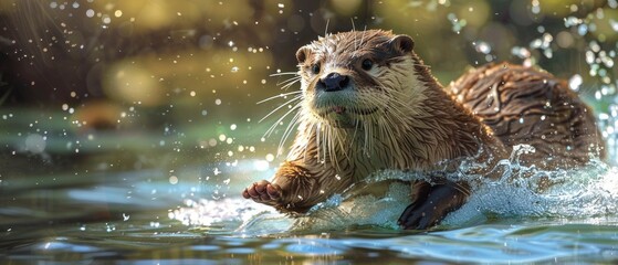 Naklejka na ściany i meble A playful otter sliding through water, leaving behind trails of sparkling, magical lines.