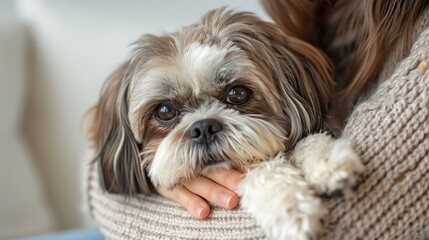 A loving Shih Tzu giving its owner a heartwarming hug, isolated on a clean background