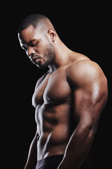 Thinking, bodybuilder and black man with pride for fitness, health and body care in studio. African...
