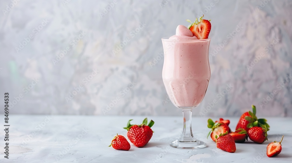 Poster a glass of strawberry milkshake or smoothie with strawberries on a light background with fresh berri