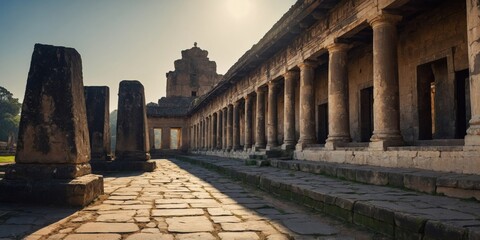 Fototapeta premium Sunlight beams over the historic temple ruins with columns, creating a sense of historical significance