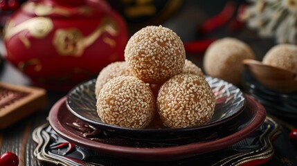 Five delicious sesame balls served on a decorative ceramic plate, perfect for celebrating festive occasions with traditional Asian desserts.
