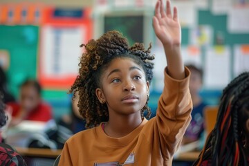 energetic student eagerly raises hand in diverse classroom symbolizing engagement and enthusiasm for learning candid photography