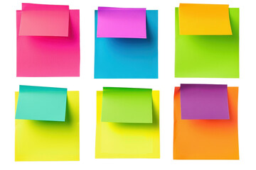 A colorful set of sticky notes arranged in two rows, each with a different vibrant color, ideal for reminders and organization.