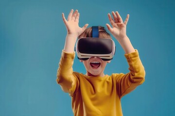excited young boy trying out new virtual reality headset aigenerated fictional character portrait