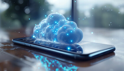 A blue cloud icon hovering above a smartphone, representing cloud computing and mobile technology.